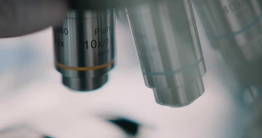 A person with gloves rotating the lens on a microscope