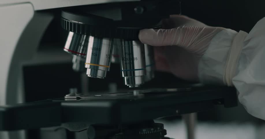 Lab technician wearing latex gloves turn microscope lenses over a sample