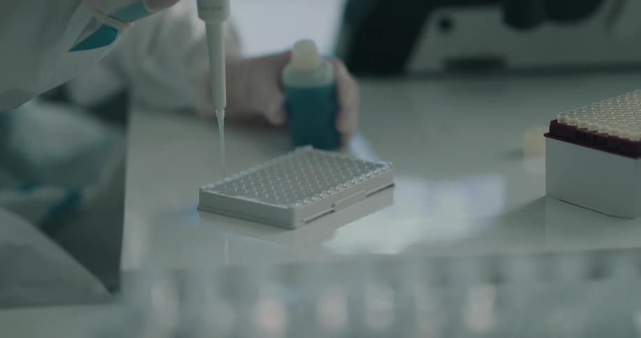 A lab worker fills a sample tray with blue liquid using a pipette