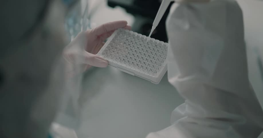 Person in lab using pipette to place fluid into test tubes