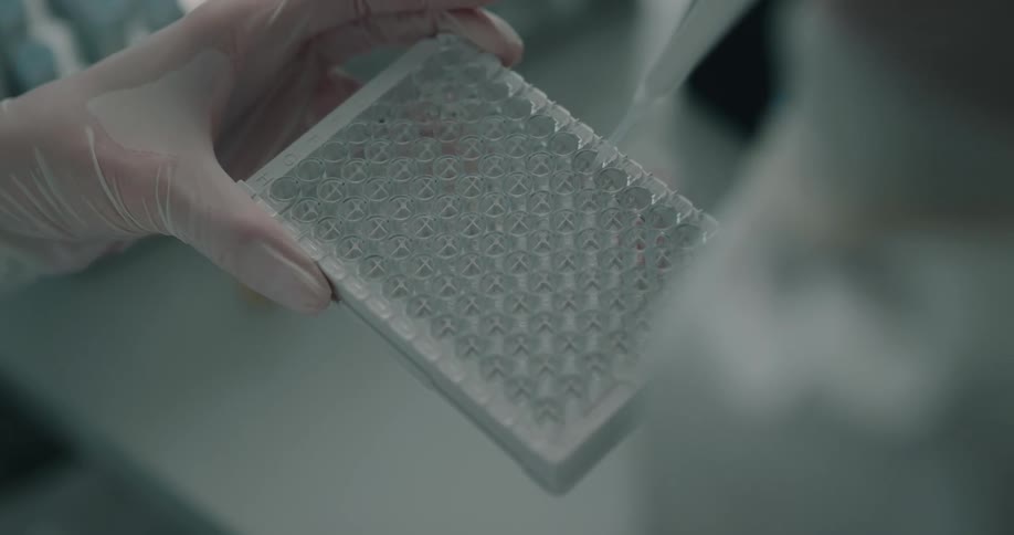 A lab worker uses a pipette to fill a container holding several small tubes