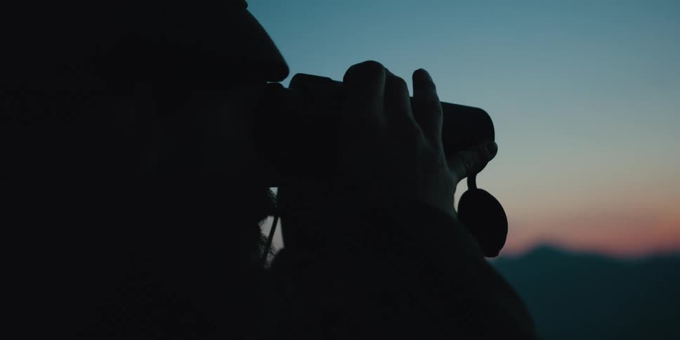 A bearded man looks through a pair of binoculars while standing in the mountains at sunset