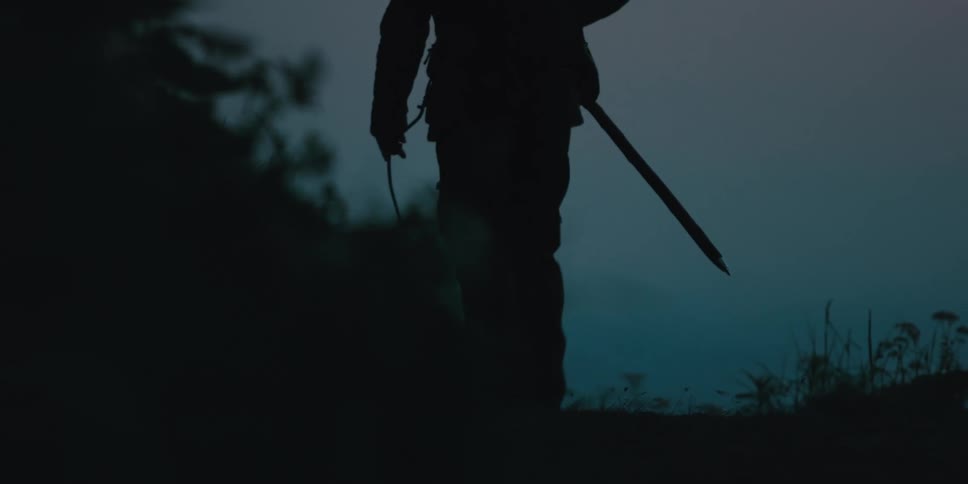 A man walks in a rural area with his dog and carrying a weapon