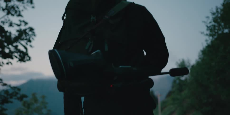 A person wearing a backpack and carrying a rifle is walking in the forest towards the mountains