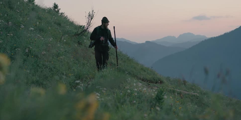 A man is hiking with his dog in spring