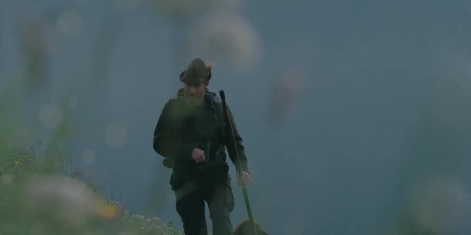 A man uses a walking stick while hiking through a meadow with his dog