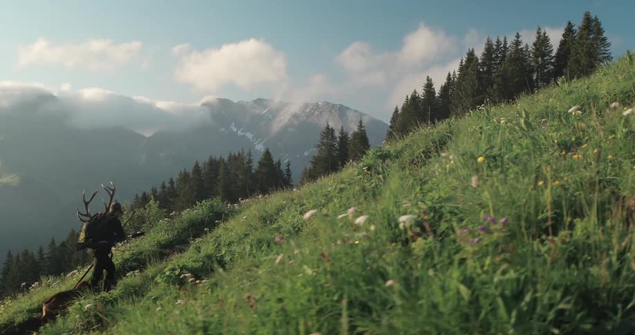 Man carrying gun and antlers hikes up steep mountain slope toward forest followed by dog