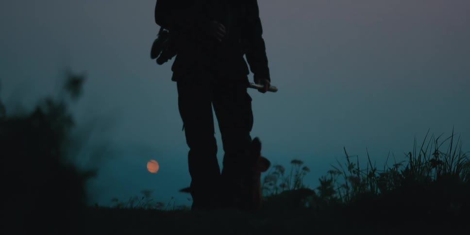 A man carrying a gun walks outside with his dog and stops and looks through his binoculars