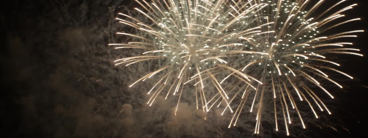 Yellow fireworks explode and turn the dark sky bright