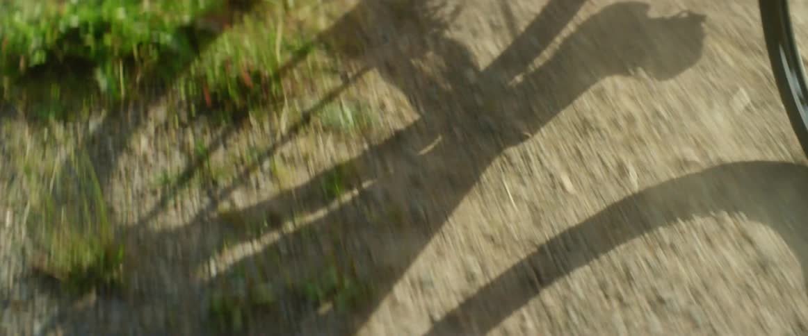A cyclist rides a bicycle down a narrow dirt path outdoors during the day