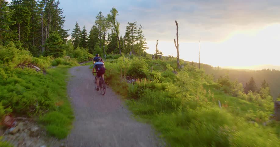Two people are biking up a hill at dusk