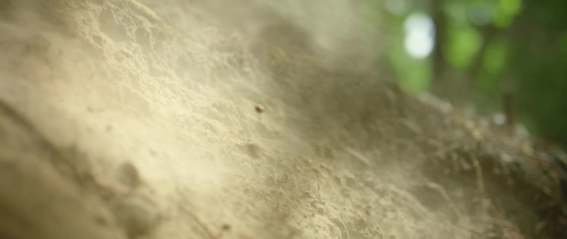 Bicycle passes down slope kicking dust into air