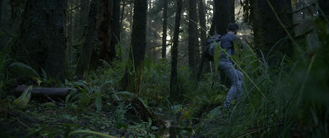 A man is hiking in the woods as he jumps over a small stream