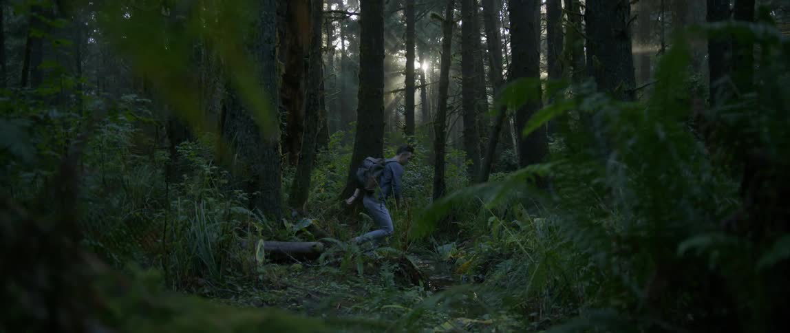 A man is hiking in the forest then jumps over a small stream of water