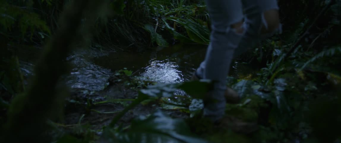 A man walks through brush and jumps over a small creek