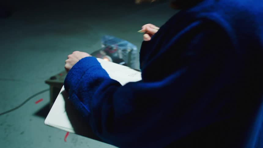 A woman standing backstage with a pen and book writing