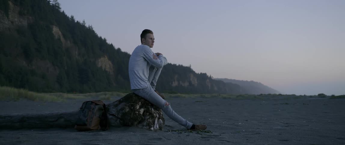 A man sits on a piece of driftwood