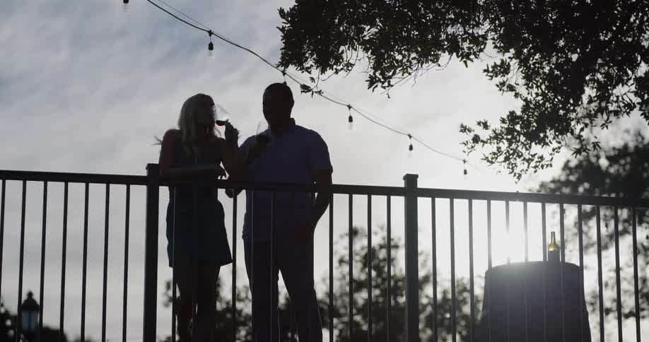 Couple on a date drink red wine near a fence at sunset