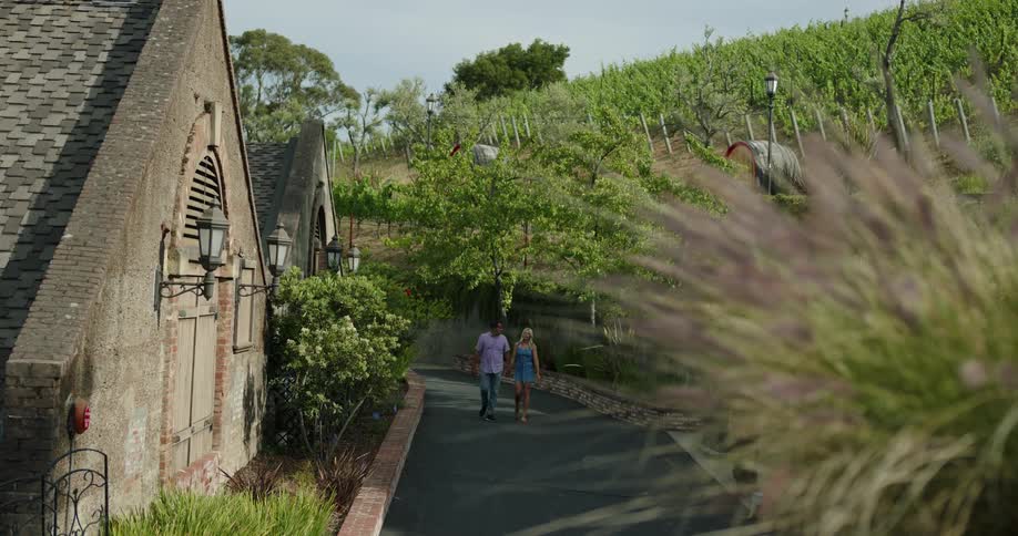 A man and woman hold hands while walking down a pathway between a building and a hill
