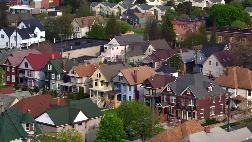 Aerial view of houses in a neighborhood