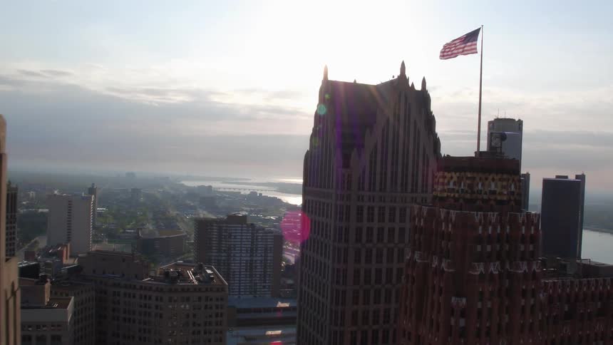 Aerial view of skyscrapers in a city on the shore