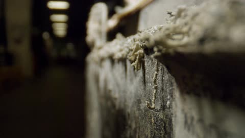 A cement mantle in a dark hallway is crumbling and covered in dust