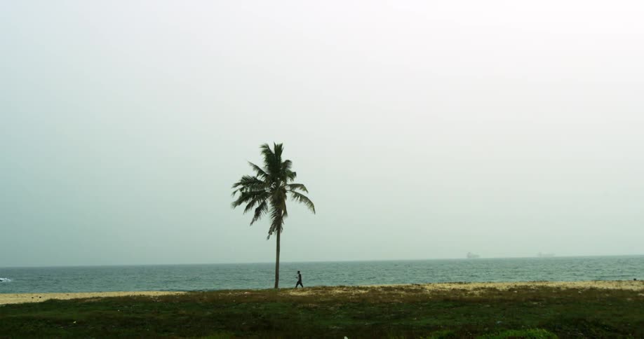 A person is walking on the beach in the distance