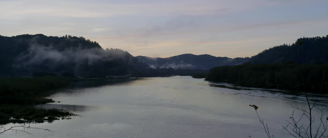 View of a lake with fog over the shoreline