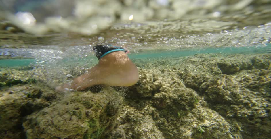 A barefoot person in a wet suit walks across a coral formation just below the ocean surface