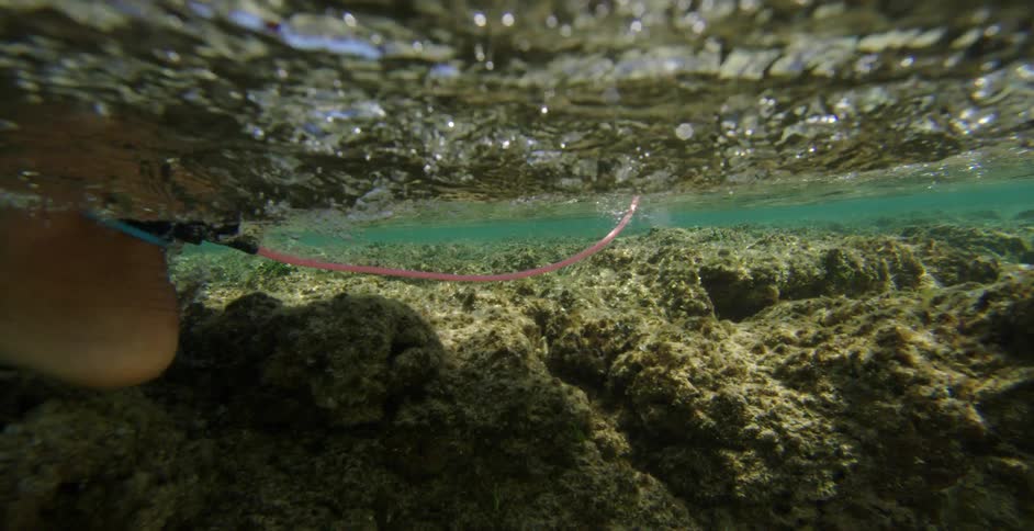 A persons feet walking on a coral reef underwater with sand