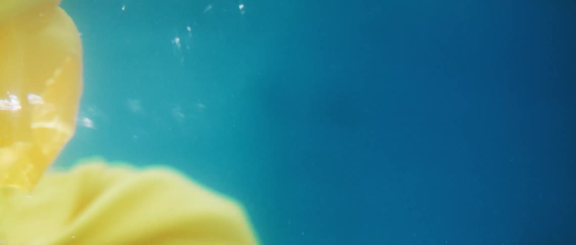 Yellow and pink fabric float underwater in a pool
