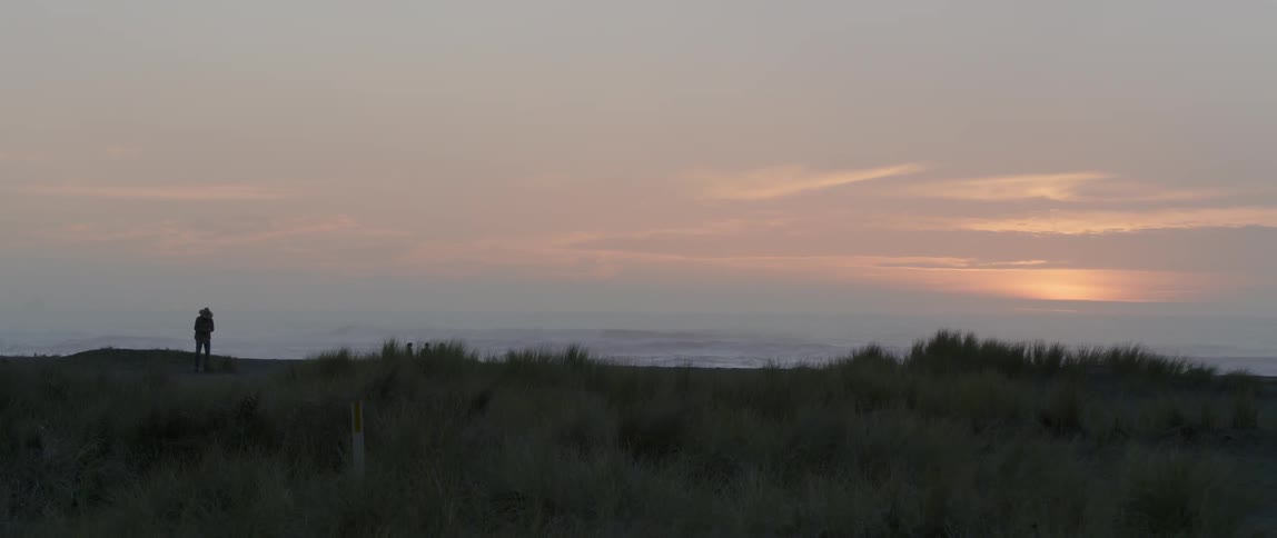 A person stands up from bending over near the ocean at dusk
