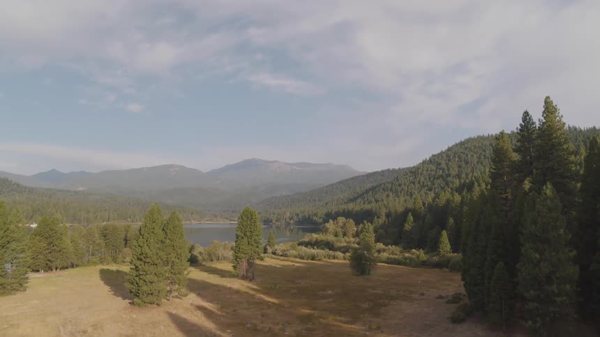 A clearing in a vast forest that surrounds a lake and covers the nearby hills and mountains