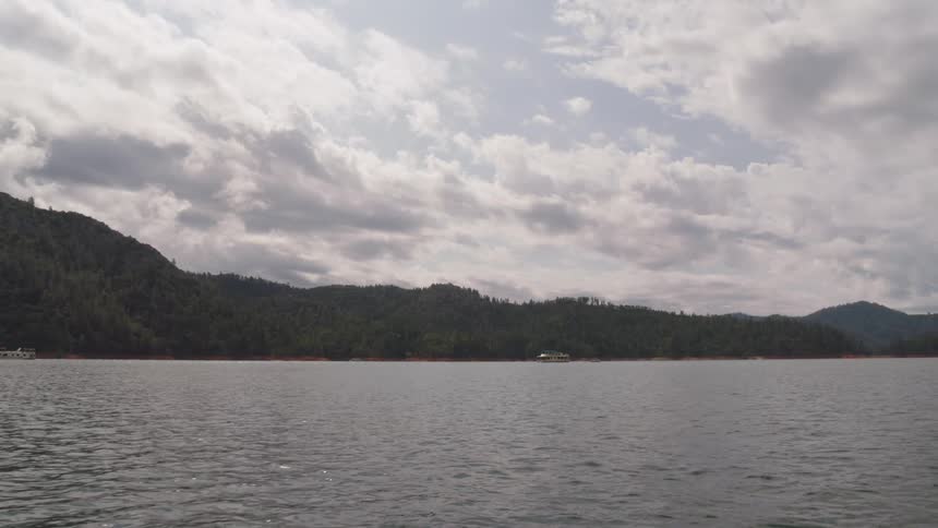 Landscape view of a boat on the water with a forest in the background