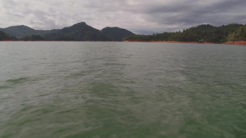 Calm river waters flowing near the pine tree forest in the mountain on an overcast day