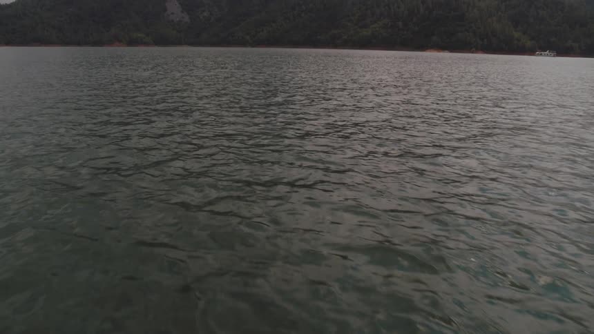 Gentle waves on the ocean on the coast of a mountain covered in forest