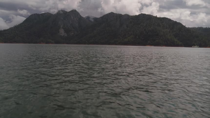 The gentle waves of an ocean bordering a mountain covered in forest
