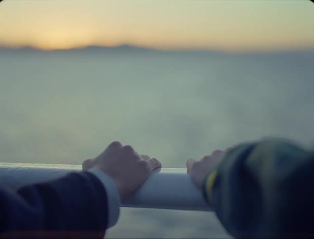 Close up of a man and womans hand resting on a railing on the shore