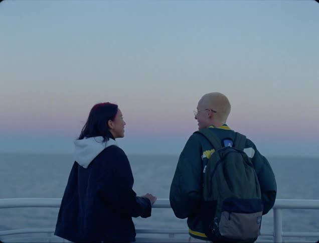A man and woman stand on a balcony looking to the ocean waters