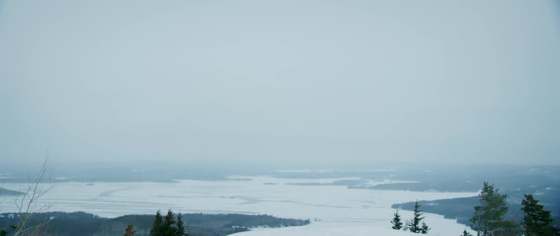 Heavy winter clouds cover a snowy wilderness