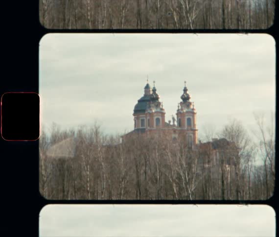 The towers of a building loom over a woodland during the day
