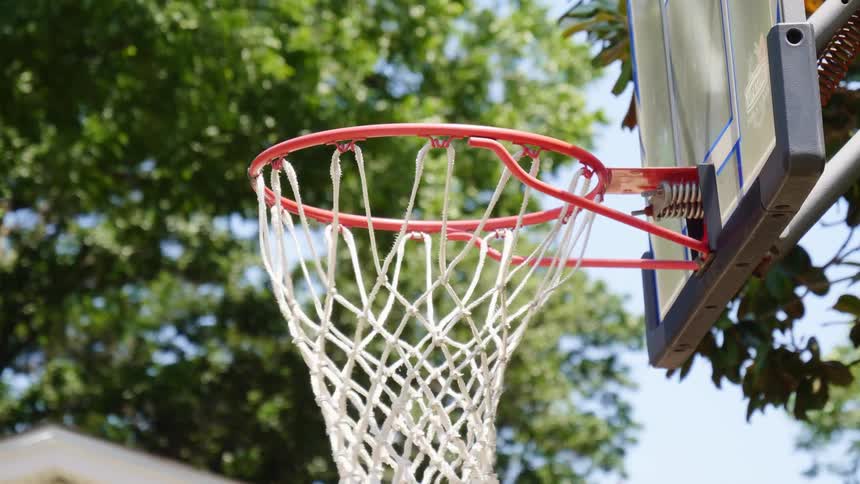 Basketball goes through basketball hoop standing near building and trees