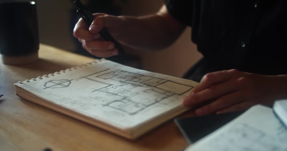 A person sits at a table and draws a blueprint design in a notebook