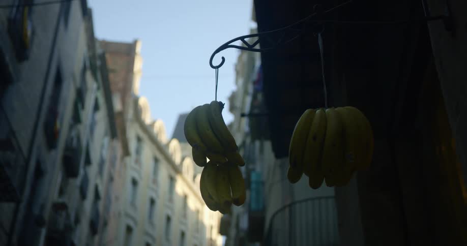 A bunch of bananas hang outside of a building in a city on a sunny day