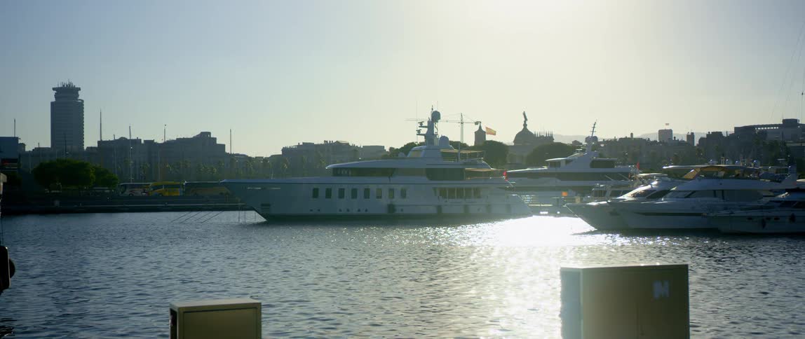 A marina with yachts with trees and buildings in the background