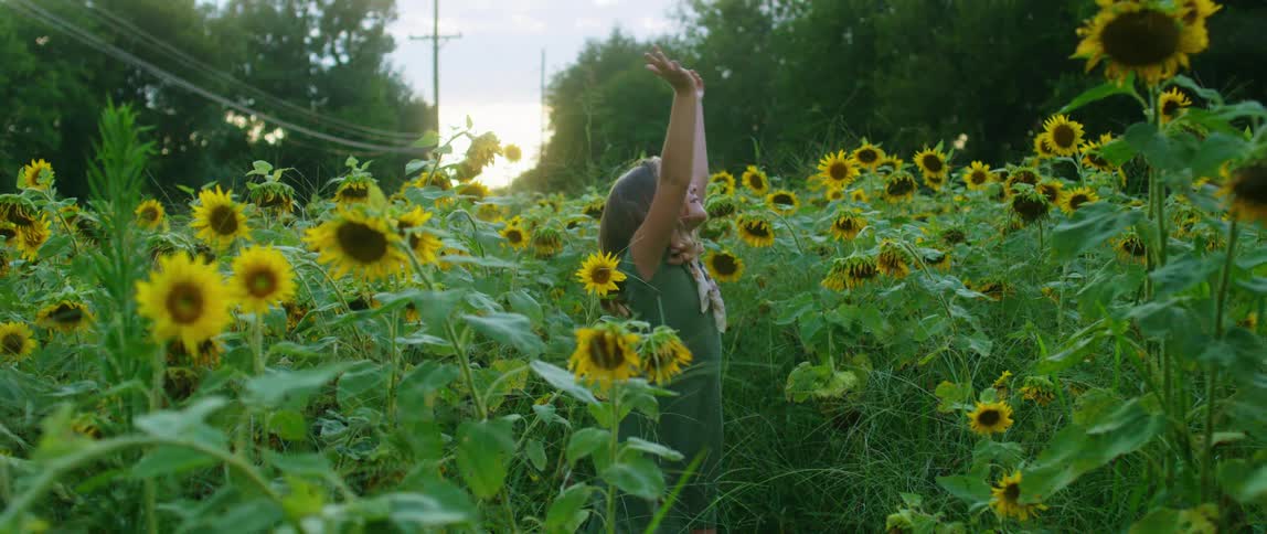 Blonde girl with a green dress turns around happily in a field of sunflower