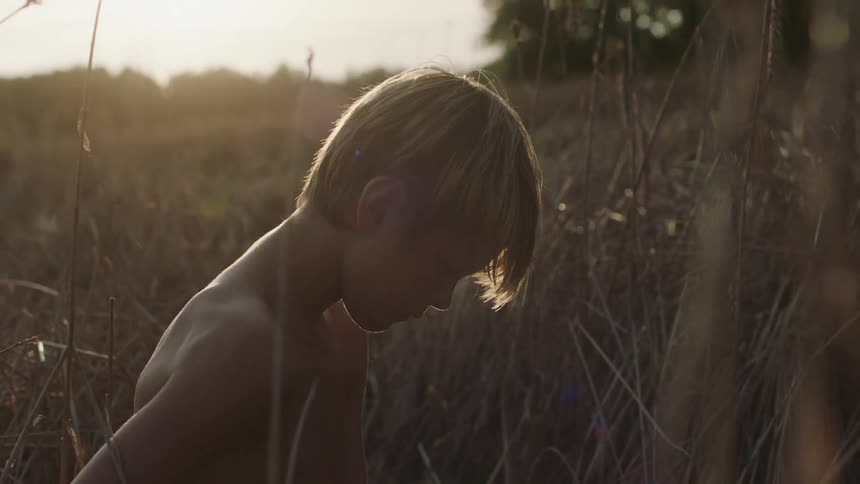 A young boy stands shirtless in a field of tall grass and picks weeds