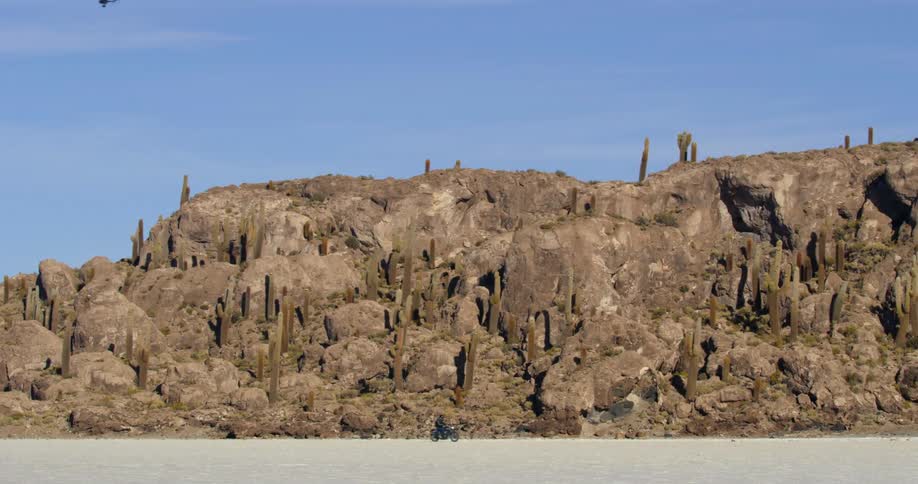 A person rides a motorcycle across a desert