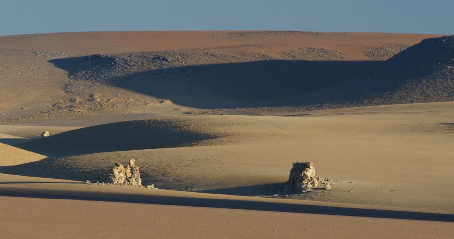 Dunes of sand in a desert under a clear daytime sky