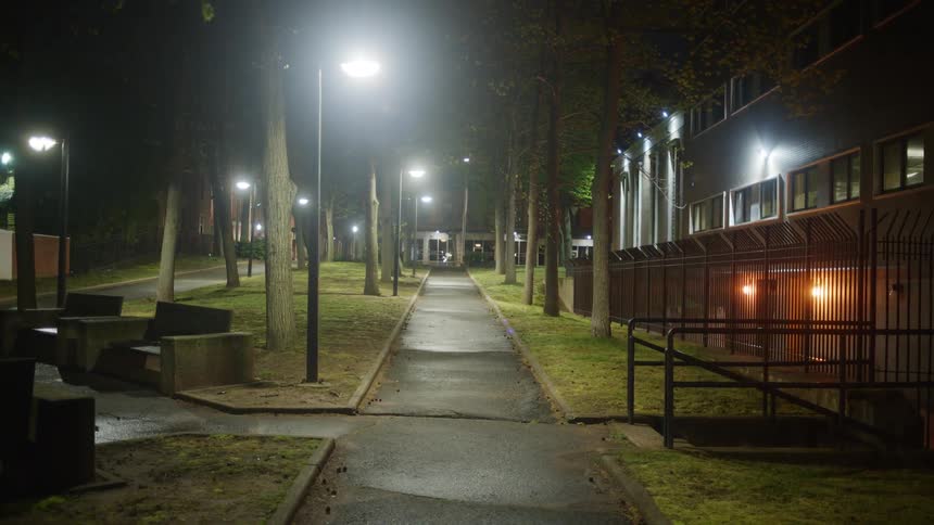 A street light illuminated sidewalk next to a building at night
